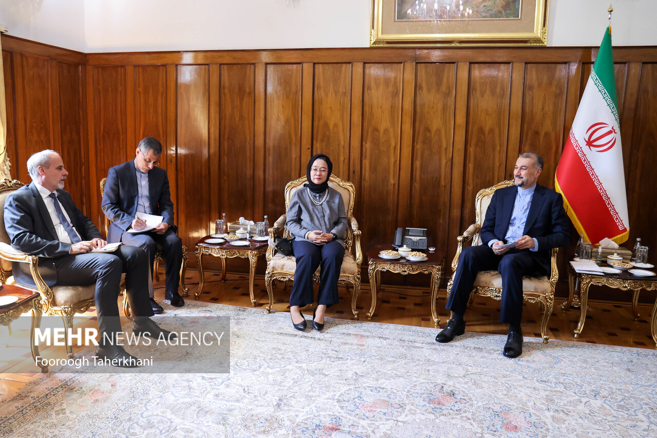 حسین امیر عبداللهیان وزیر امور خارجه ایران در حال گفتگو با آرمیدا سالسیاه آلیسجابانا دبیر کل و دبیر اجرایی اسکاپ است