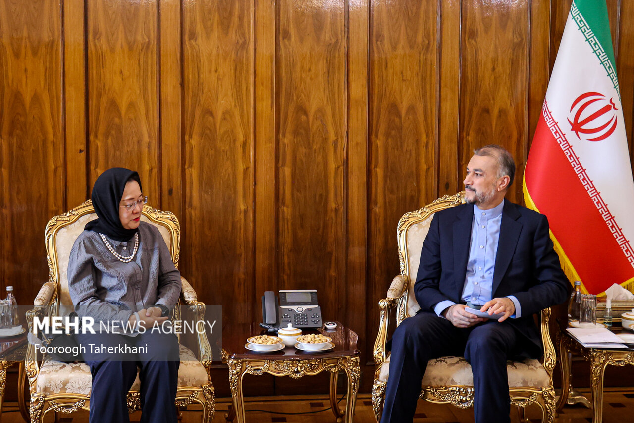 حسین امیر عبداللهیان وزیر امور خارجه ایران در حال گفتگو با آرمیدا سالسیاه آلیسجابانا دبیر کل و دبیر اجرایی اسکاپ است